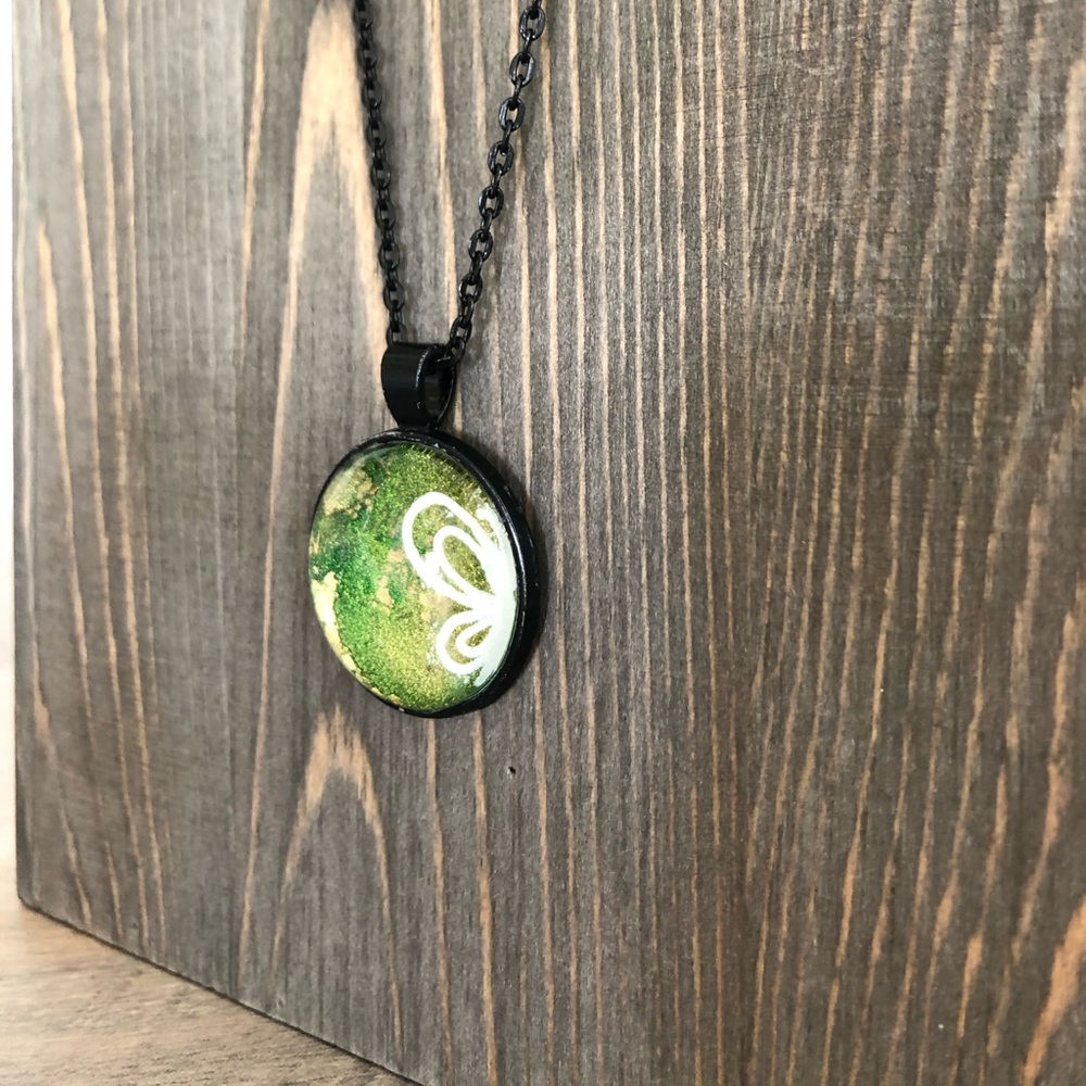 Butterfly Hand Painted Necklace 20” Green Gold